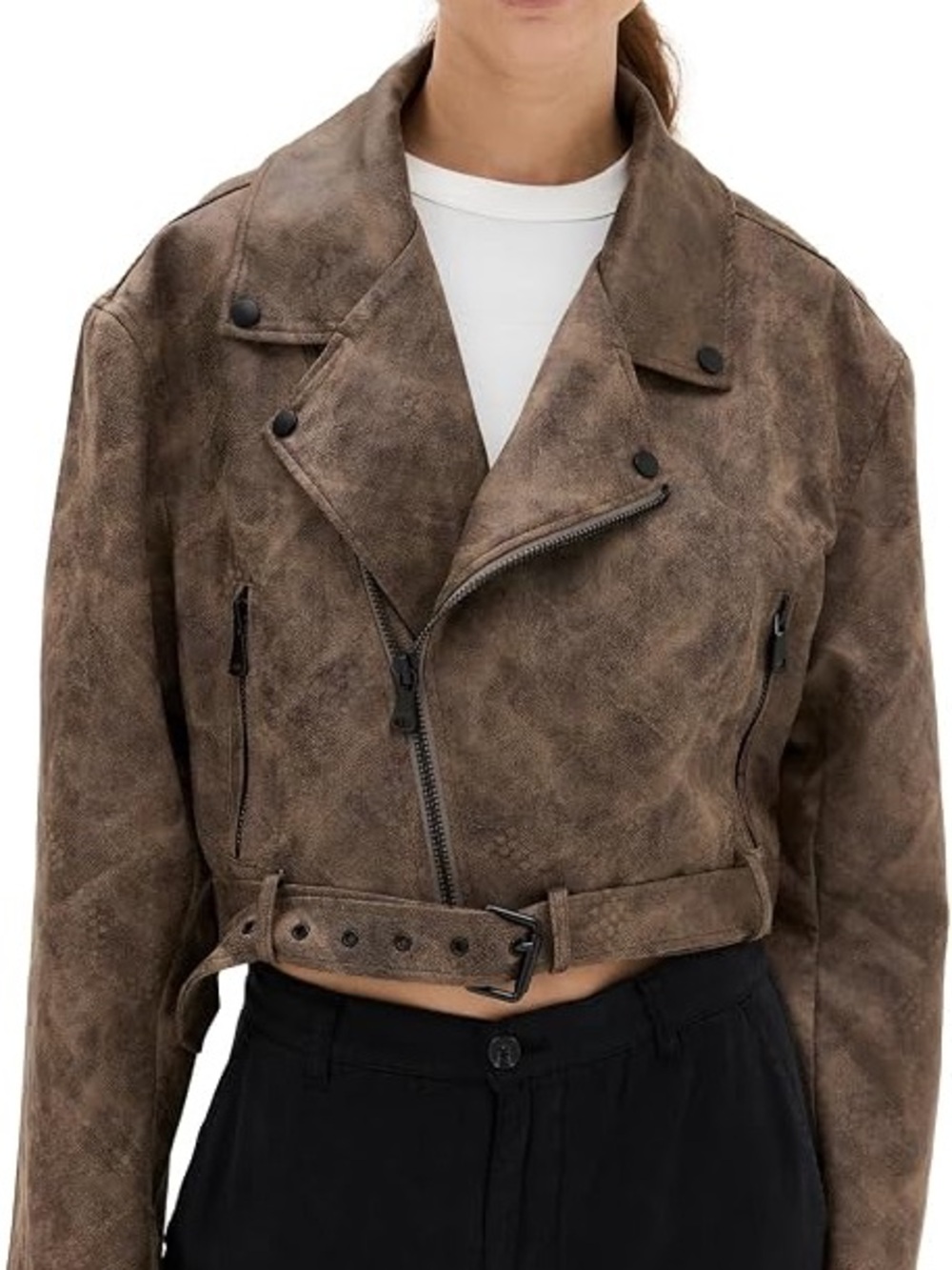 Lioness Cropped Brown Faux-Suede Moto Jacket